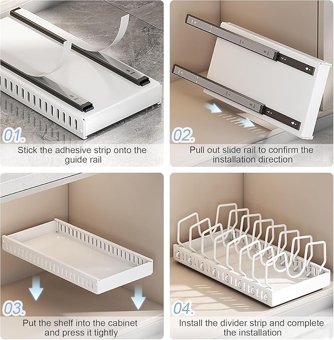 2 Pack Pull Out Pots and Pans Organizer for Cabinet & Countertop, Kitchen Cabinet Organizer with 8 Adjustable Dividers, Storage for Pot Lid, Dishes, Bakeware, White - Image 4