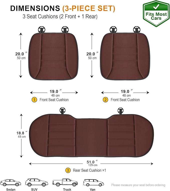 kingphenix 3-Piece Memory Foam Car Seat Cushion Set for Driving Comfort | 2 Front Seat Cushions and 1 Rear Bench Pad, 1.2-Inch Memory Foam, Non-Slip Bottom for Sedan, SUV, Truck and Van, Brown - Image 5