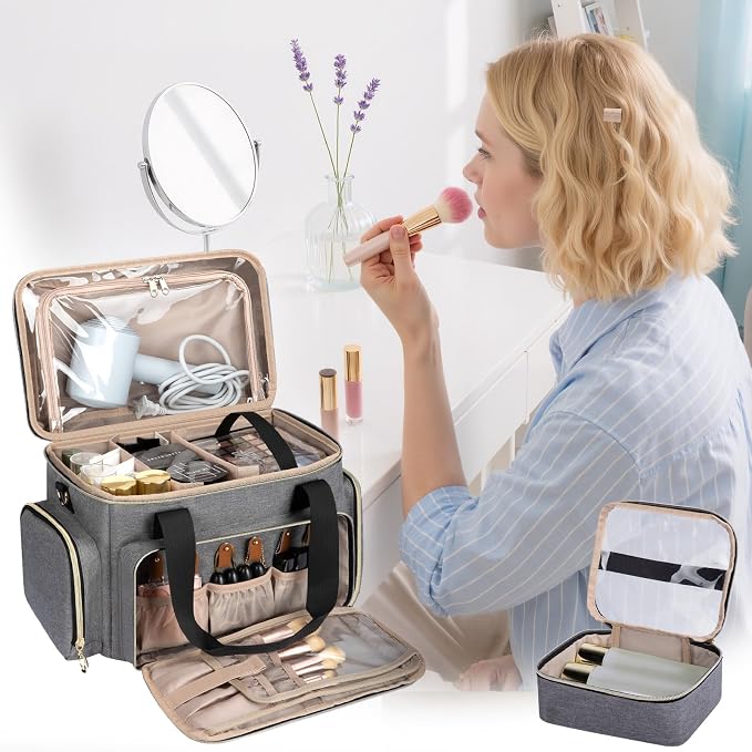 GDNasist Large Makeup Bag, Portable Travel Makeup Bag Organizer | Cosmetic Travel Bag for Women Girls with 2 Removable Pouches & Detachable Dividers, Toiletry Bag for Makeup and Hair Supplies - Image 6