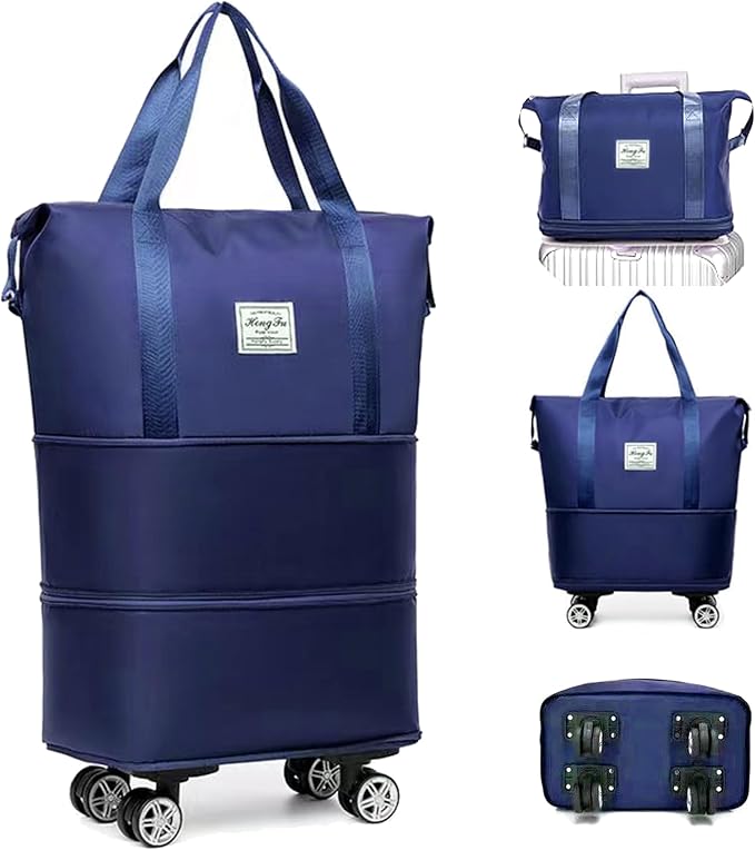 Expandable Foldable Duffel Bag with Detachable Rolling Wheels, Large Carry-On Luggage for Travel, Gym, Camping, Shopping, Business Trip (Blue) by Unknown