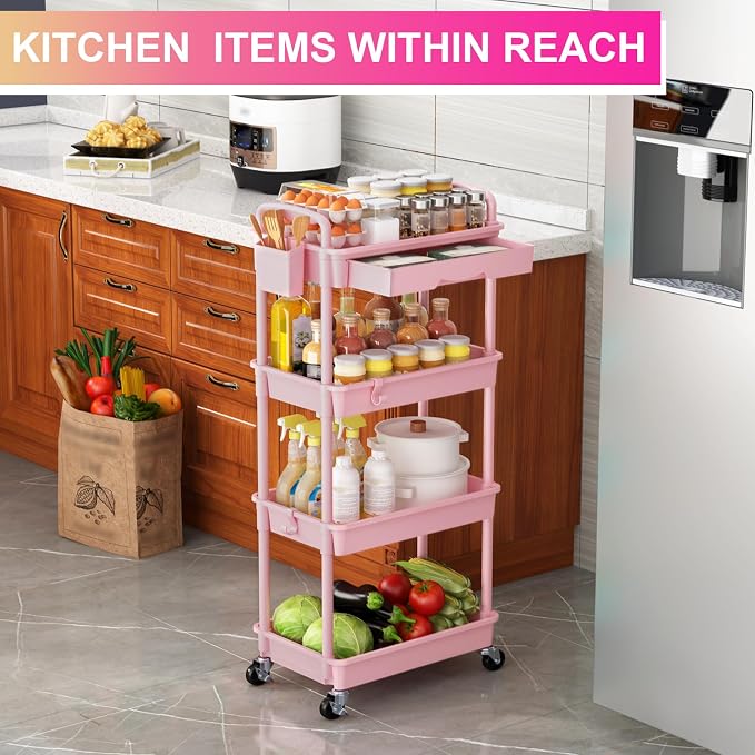 Goovilla 4 Tier Rolling Utility Cart Organizer with Removable Drawer, Pink | Stable and Sturdy Rolling Storage Carts with 2 Lockable Wheels for Bathroom, Kitchen, Snack, Craft, Makeup, Baby Essentials - Image 7