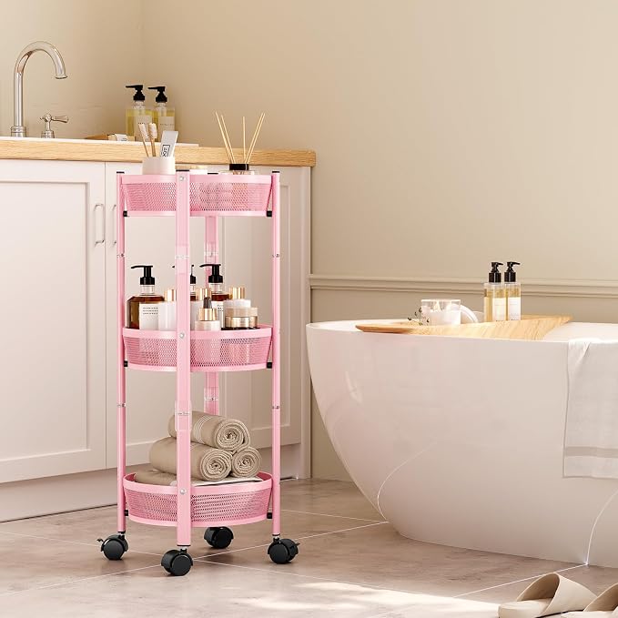 TOOLF 3 Tier Foldable Rolling Cart, Metal Utility Storage Cart, Pink | Assembly-Free, Lockable Wheels, Round Trolley Organizer for Bathroom, Kitchen, Office, Dorm, Laundry, Craft Room - Image 6