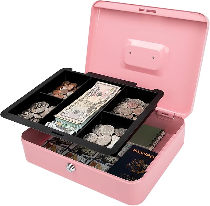 Jssmst Large Cash Box with Key Lock - Durable Metal Cash Box with Money Tray, 11.81 x 9.84 x 3.46 inches (X-Large, Pink) - Image 9