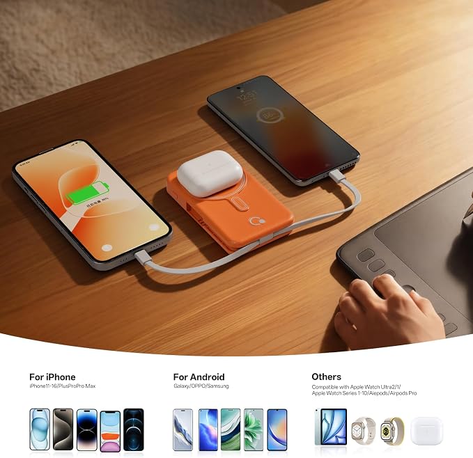 Q Magnetic Wireless Portable Charger 10,000mAh, Travel Essentials Power Bank with Built-in Cables & Foldable Stand, External Battery Pack Compatible with iPhone 17/16/15/14/13/12, Apple Watch - Image 5