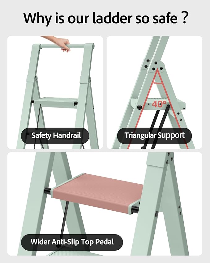 Taranta 4 Step Ladder,Aluminum Step Stool Foldable-Fairyland Green | Lightweight Folding Ladder with Convenient Handgrip,Wide Top Pedal,330lbs Capacity Stepladder for Home,Office,Kitchen - Image 3