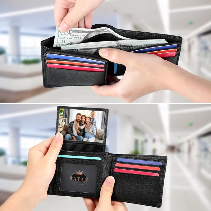 VATAN Wallet for Men Slim RFID Blocking Leather Credit Card Holder Wallet for 15 Cards, Bifold Minimalist Thin Wallet with 2 ID Windows & Cash Slot, With Gift Box (Cross Grain Black) - Image 3