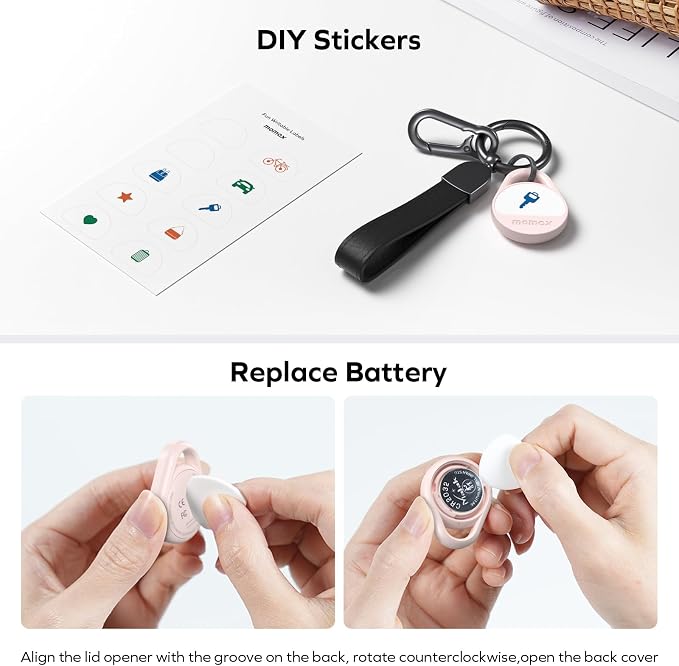 Momax Key Finder Tracker Tag - [Apple MFi Certified] Smart Bluetooth Tracking Device with Find My (iOS Only), Replaceable Battery, DIY Stickers, for Wallets, Luggage, Suitcases, Backpacks, Pink - Image 5
