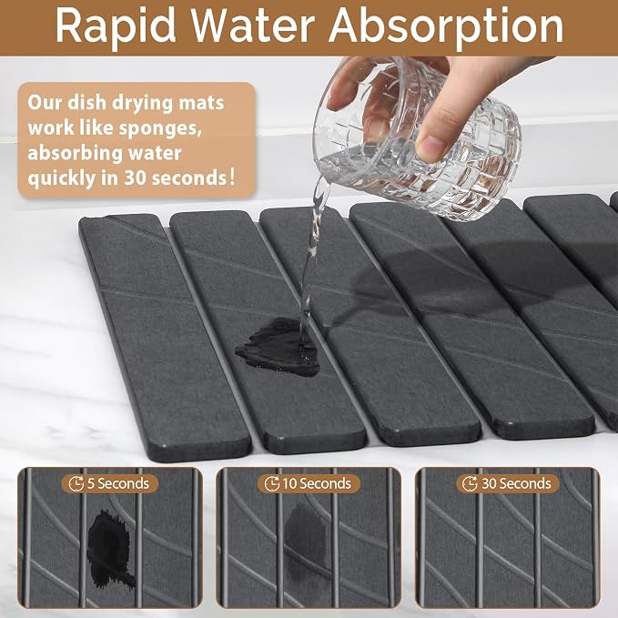 Large Stone Dish Drying Mat for Kitchen Counter,2 PCS Quick Dry Stone Mats,Foldable Water Absorbing Diatomaceous Drying Pad for Countertop Bottles Utensils Cups (Flow Line Dark Gray 24"x16" & 8"x4") - Image 3