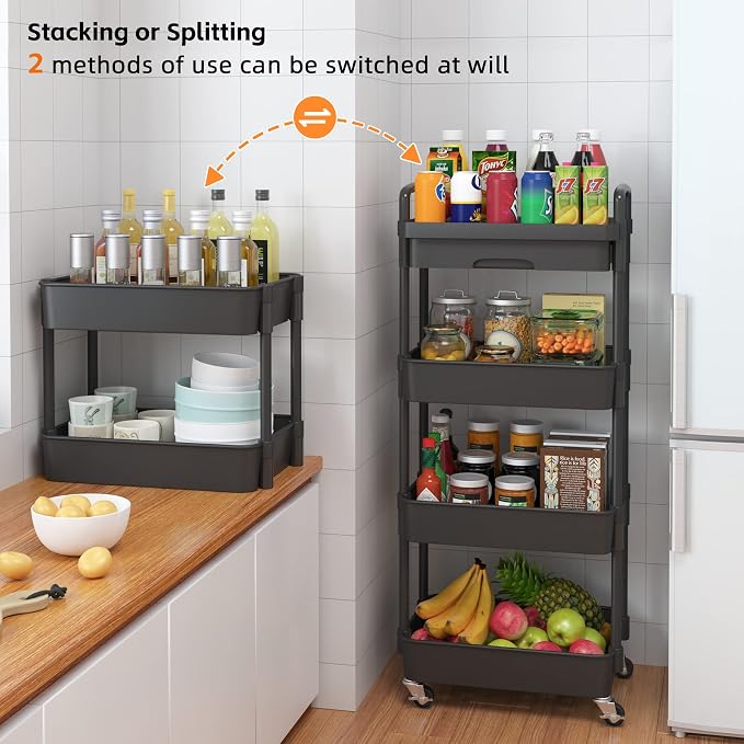 Calmootey 4-Tier Utility Cart with Drawer & Wheels, Storage for Home,Office | Space-Saving Organizer, Sturdy Plastic Shelves, Smooth-Rolling Metal Wheels, Built-in Drawer for Small Items, Black - Image 7