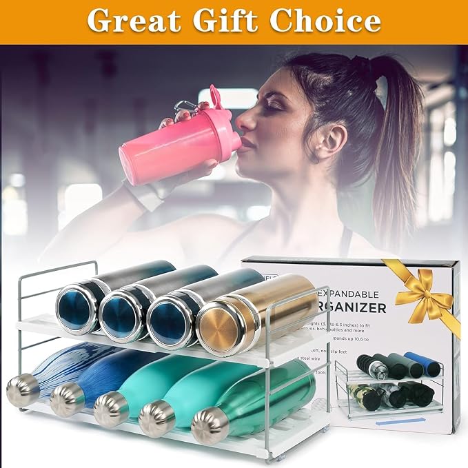 Water Bottle Organizer For Cabinet, Adjustable Tumbler Storage, Expandable Water Bottle Holder For Kitchen Organization, 2 Tier Cup Organizer For Sports Flask Insulated Travel Mug Fridge, White - Image 8