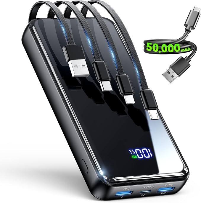 YILANS Portable Charger 50000mAh, 22.5W Power Bank with Built-in 4 Cables | Charges 6 Devices, Fast Charging Travel Essential, External Battery Phone Pack for iPhone 17-12, for Samsung/Android/iPad by YILANS