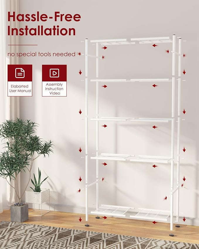 Sakugi Storage Shelves - 5 Tier Shelf Organizer, Heavy Duty Garage Shelving Unit with Leveling Feet, Stable Metal Shelves Organizer for Pantry, Kitchen and Closet, 33.0" W x 12.6" D x 72.0" H, White - Image 9