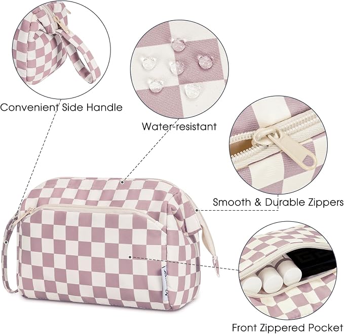 Narwey Checkered Makeup Bag Women Wide-open Make up Bag Travel Cosmetic Bag Organizer Toiletry Bag for Cosmetics Toiletries Accessories (Dusty Rose Checkerboard) - Image 5
