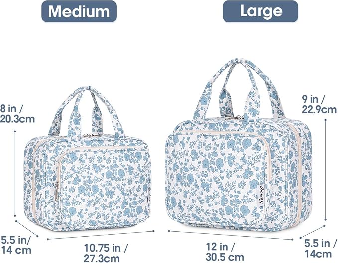 Narwey Travel Toiletry Bag for Women Large Hanging Makeup Bag Organizer Toiletries Bag for Full Size Essentials Accessories Cosmetics (Blue Flower (Large)) - Image 2
