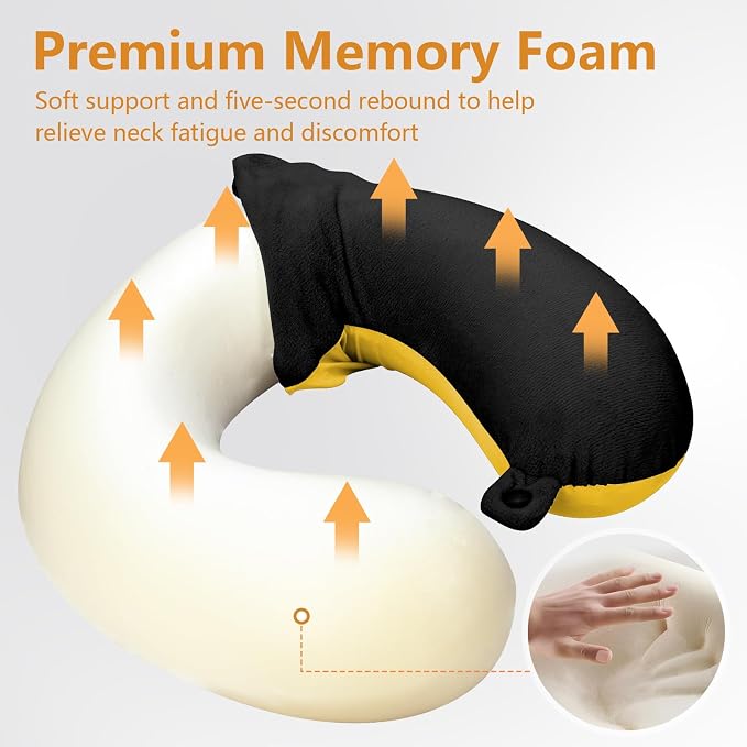 Travel Pillow, Memory Foam Neck Pillow for Traveling, U Shape Airplane Portable Flight Pillow Adult Travel Neck Pillow for Plane Train Car Home Office (Black * Yellow) - Image 3
