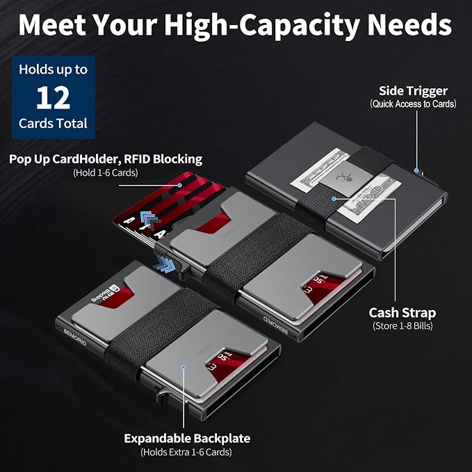 SEMORID RFID Blocking Slim Card Holder Wallet for Men Wallet Minimalist | Durable Expandable Backplate Compact Smart Metal Pop Up Wallet Front Pocket Holds 12+ Cards Plus Cash, Birthady Gifts for Men - Image 5