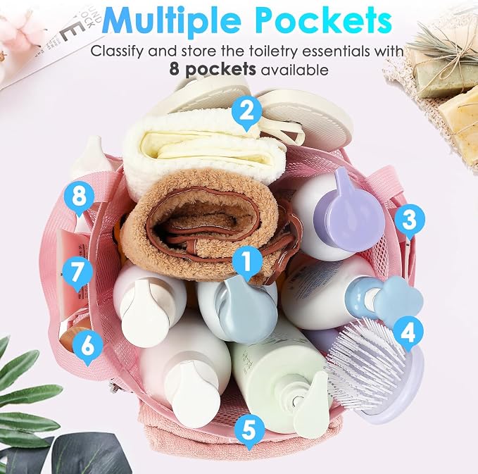 Fammart Mesh Shower Caddy Portable for College Dorm Room Essentials, Odorless Polyester Large Shower Tote Bag with Dual Handles, 8-Pocket Quick-Dry Toiletry Organizer for Travel, Beach, Camping, Gym - Image 4