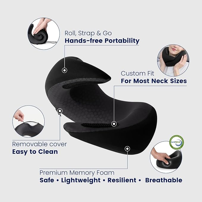 Dream Valley® Neck Travel Pillow, Memory Foam Travel Pillow for Airplane, Portable Roll-Up Neck Pillow with Cooling Inner Fabric, 360° Ergonomic Support, No Head Bobbing, Black - Image 5