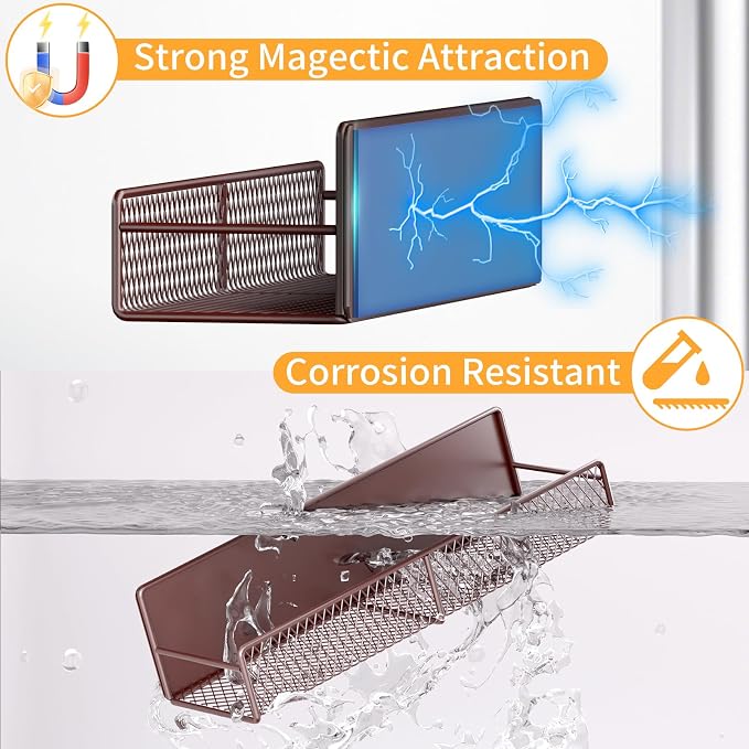 Magnetic Spice Rack for Refrigerator, 2 Pack 100% Metal Strong Magnet Shelf, Space Saving Spice Organizer W/ Hooks, Movable Magnetic Fridge Shelf, Kitchen Home Laundry Room Storage Organization, Brown - Image 3