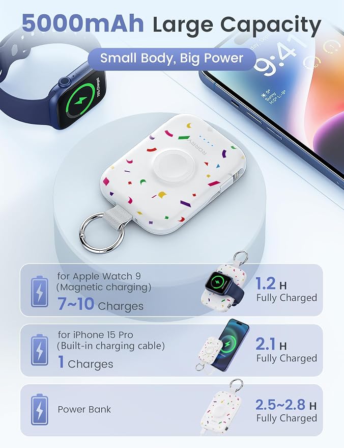 RORRY CharmGo Portable Charger, 5000mAh Portable Charger Power Bank | Built-in Cables,Travel Keychain Battery Pack Essentions for Apple Watch 1~11 Series/Ultra/SE & iPhone Air/17/16/15/14/13/12 - Image 3