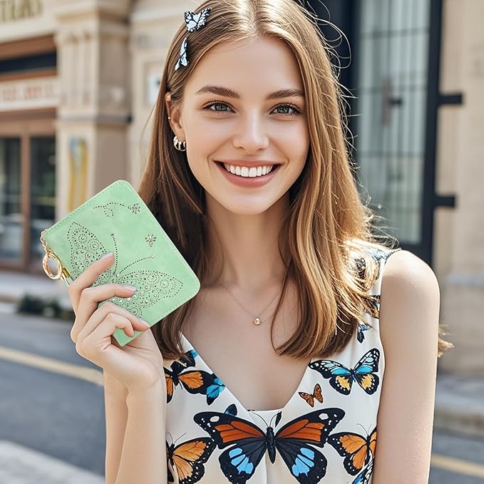 KITEVIUN Women RFID Blocking Small Bifold Wallet, Compact Cash Clutch with Zipper Coin Pocket, Glittery Butterfly Design, Credit Card Holder, Travel Purse with Tassel PEPPERMINT-GREEN - Image 2