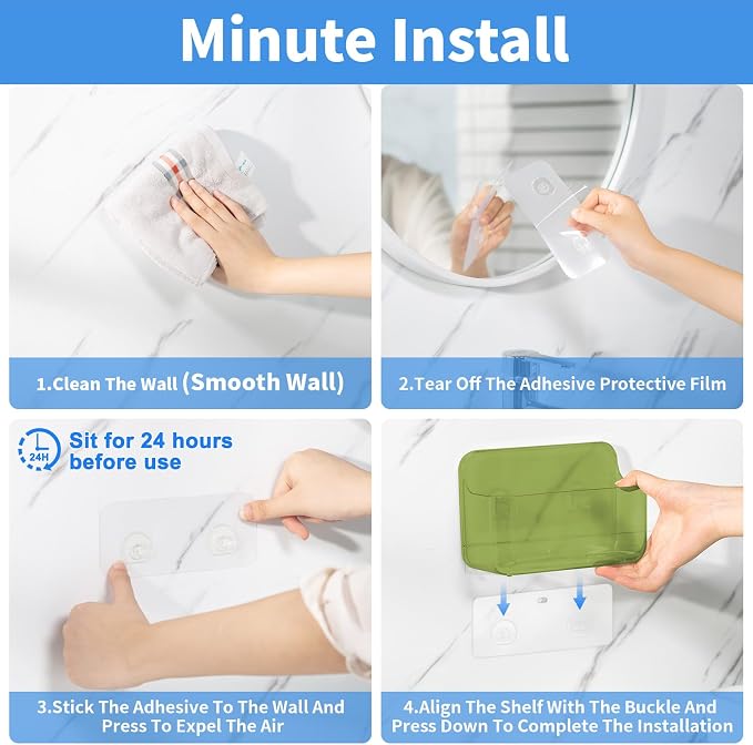Wall Mount Organizer, 2Pc Small Adhesive Cabinet Door Organizer | Bathroom Shelf for Wall,No Drilling Hang Adhesive Shelf, with Self Adhesive Tapes, for Bathroom, Kitchen, Living Room - Green - Image 4