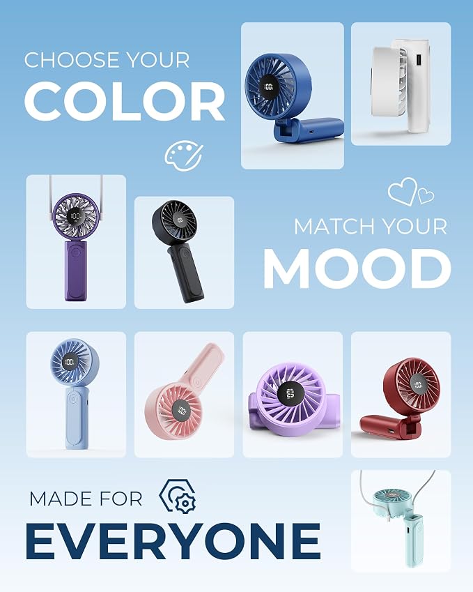Peiyuu Handheld Fan, Portable Fan, 4000mAh Rechargeable Personal, 180° Foldable Mini Desk Fan with 6 Wind Speed, LCD Digital Display, Lanyard as Neck, Ultra Quiet, Pocket Size for Indoor Outdoor - Image 6