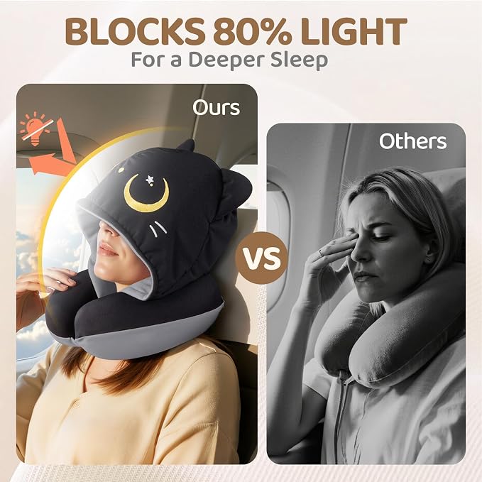 Mewaii Travel Neck Pillow, Airplane Pillow with Hood, Memory Foam, Gray | Neck Support, Reversible, Adjustable Strap, Washable Cover, Cat-Ear Hood, Storage Bag, for Flights, Adults & Teens - Image 3