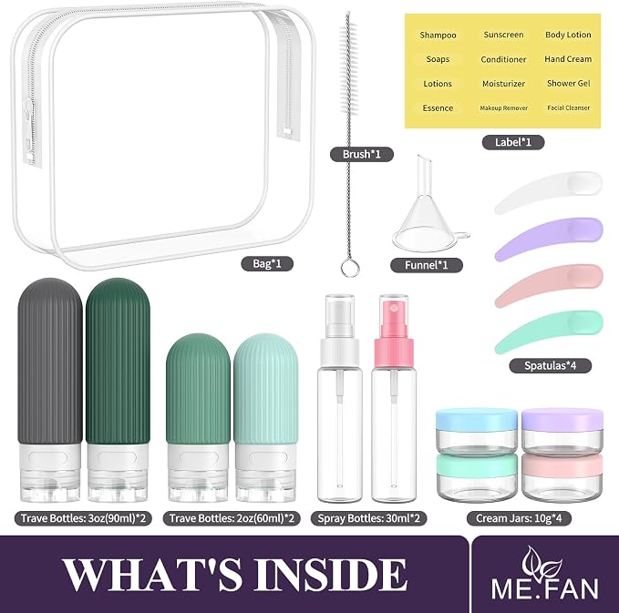 ME.FAN Travel Bottles for Toiletries,18 Pack Silicone Portable Size Bottle, TSA Approved Refillable Cosmetic Container Kits for Conditioner, Shampoo, Lotion,Face Cream - Blue - Image 2