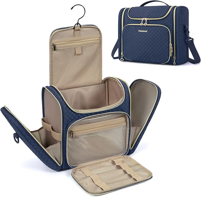 BAGSMART Women's Travel Toiletry Bag, Water-resistant Roomy, Navy Blue | Cosmetic Makeup Bag, Door Room Essentials Travel Organizer for Full Sized Toiletries and Cosmetics by BAGSMART