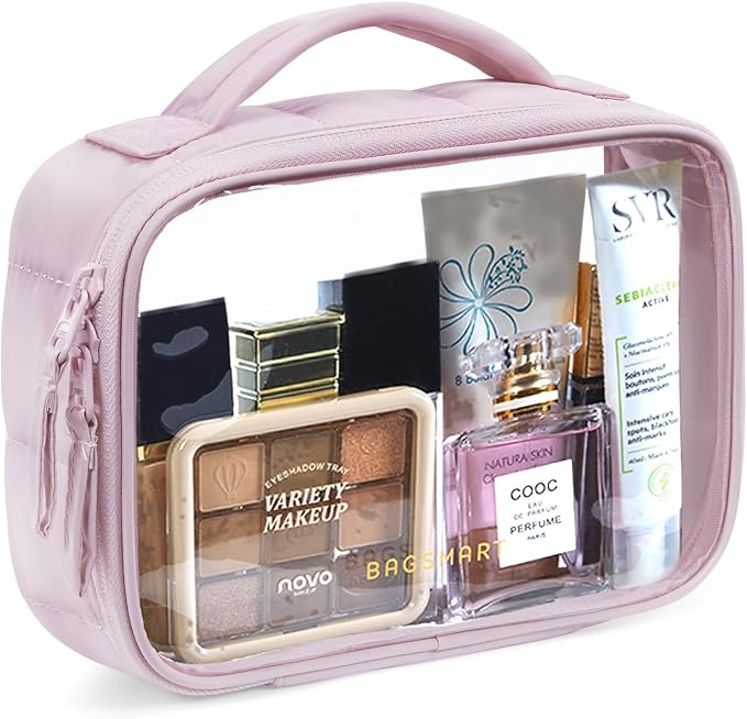 BAGSMART Puffy Clear Toiletry Bag, TSA-Approved & Wide-Open, 1-Pack, Pink | Travel Makeup Bag with Handle, Cosmetic Bag with Double Zipper for Women by BAGSMART