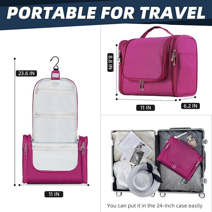 Buruis Large Capacity Waterproof Toiletry Bag for Women, Hanging Toiletry Organizer, 11"x 6.2"x 8.8", Fushcia | Honeycomb Nylon Design, Large Capacity, Dual Zippers, Sturdy Hanging Hook, Full-Size Toiletry Storage, Cosmetic Essentials - Image 2