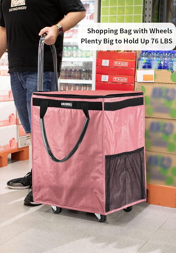 (Medium,Pink) Reusable Grocery Bag on Wheels, 70L Foldable Rolling Tote,Extra Storage for Shopping, Zipper Clouser Shopping Carts for Groceries,Trips, Laundry, Moving,4 Heavy Duty Wheels | 70L Extra Storage for Shopping, Zipper Clouser Shopping Carts f... - Image 3