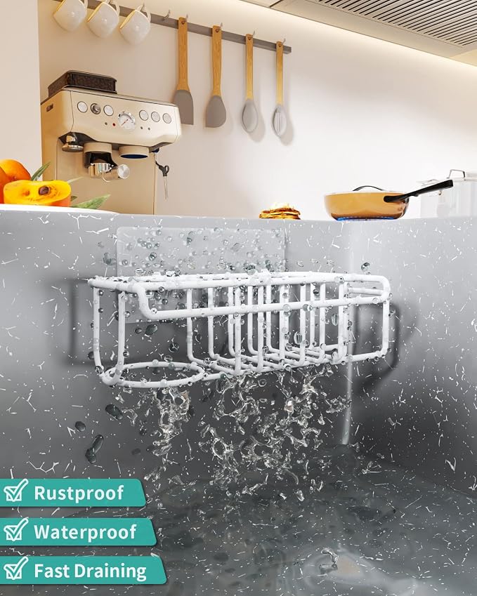 HapiRm Sponge Holder for Kitchen Sink, No Drill Kitchen Sink Caddy Organizer, Rustproof and Waterproof Dish Sponge Holder - White(8.65 * 3.54 * 2.36 in) - Image 2