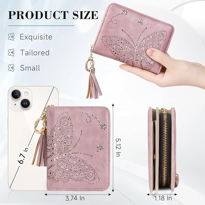 KITEVIUN Women RFID Blocking Small Bifold Wallet, Compact Cash Clutch with Zipper Coin Pocket, Glittery Butterfly Design, Credit Card Holder, Travel Purse with Tassel PURPLE - Image 3