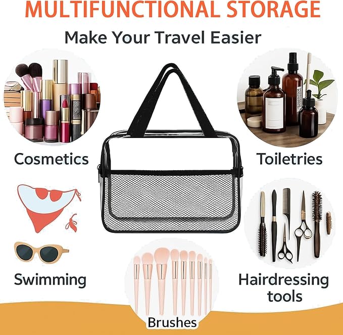 XEWEA 2PCS Small TSA Approved Clear Travel Toiletry Bags for Men Women, | Transparent Makeup Cosmetic Bag with Handle, Waterproof PVC Quart Organizer for Toiletries Airline Essential, Balck - Image 3