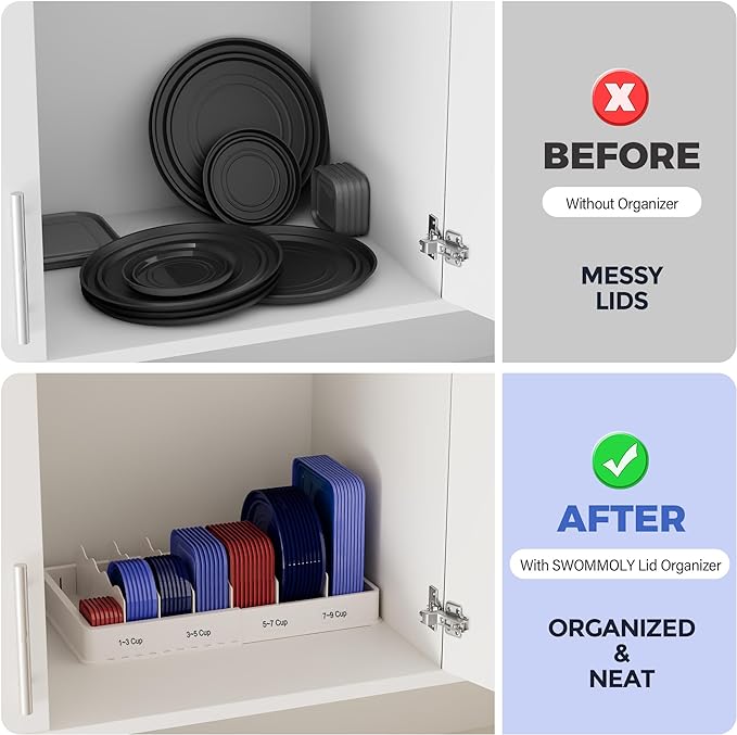 SWOMMOLY Expandable Food Container Lid Organizer for Kitchen Cabinet | Expands 9.8" to 17.3", Lid Holder with 6 Adjustable Dividers, 30 Writable Labels for Cabinets, Drawers and Pantry Storage - Image 4