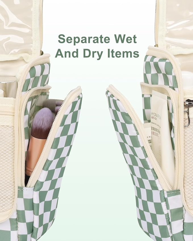 Relavel Travel Toiletry Bag for Women Makeup Bag Cosmetic Organizer Toiletries Bag with Hanging Hook for Travel Size Essentials Accessories Shower Caddy Bag for Bathroom Beach Gym, Green Checkerboard - Image 3