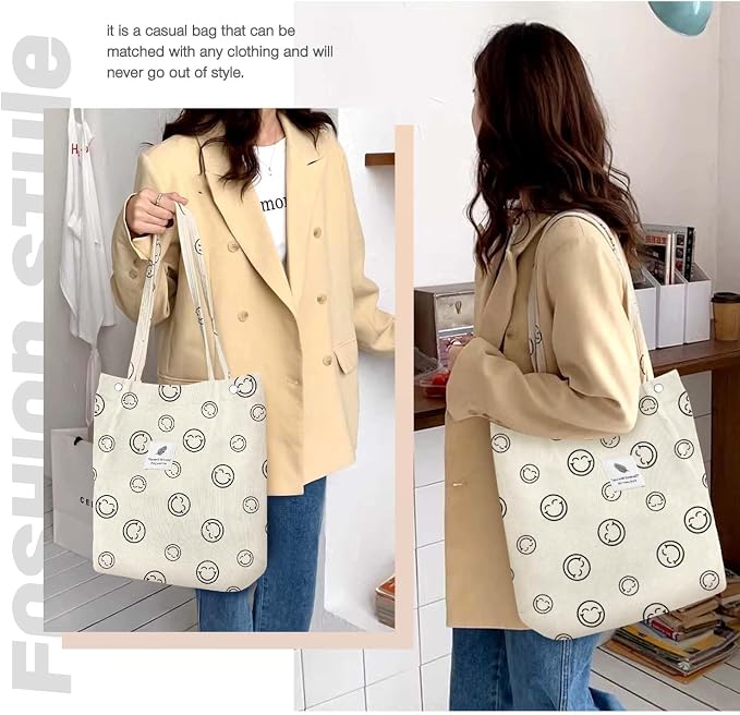 LHMTQVK Corduroy Tote Bags for Women, Large Capacity Tote Purse Reusable Grocery Shoulder Bag with Inner Pockets - Image 2