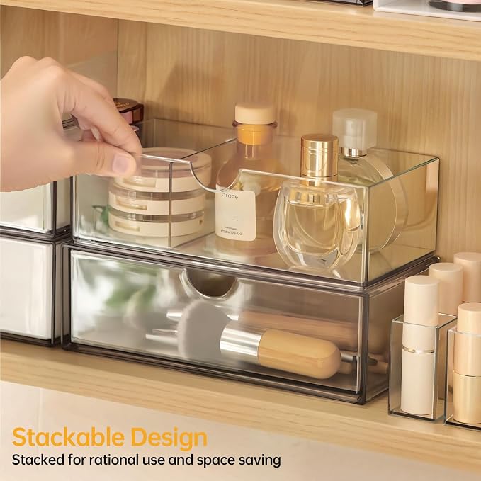 PAVSTINE Medicine Cabinet Organizer 2 Pack, Stackable Storage Drawers with Removable Divider, Make Up Organizer for Bathroom Mirror Cabinets, Vanity, Closet, Countertop - Clear - Image 5