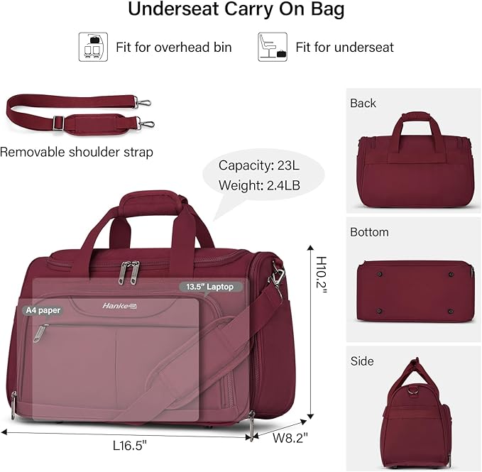 Hanke Small Underseat Carry On Luggage Bags for Travel with 10 Pockets. | Airline Approved Foldable Personal Bag w/ Luggage Sleeve; Tote Duffle & Bento Bag, Flight Attendant Weekender for Men & Women - Image 2