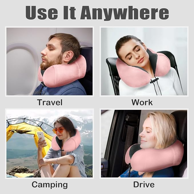 Travel Pillow, Memory Foam Neck Pillow for Traveling, U Shape Neck Pillow Airplane Portable Flight Pillow Travel Kit with 4D Contoured Eye Masks and Earplug for Plane Train Car Home Office - Pink - Image 6
