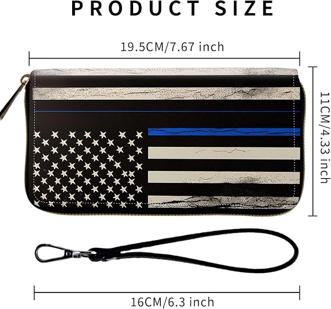 Wallet,Leather Long Wallet Suitable For Ladies And Teenagers - Detachable Wristband + RFID Travel Wallet With Card Slot - Thin Blue Line American Flag - Image 2