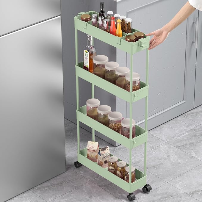 Slim Storage Cart 4 Tier,Bathroom Organizer Rolling Utility,Mobile Shelving Unit Slide Out for Office, Kitchen, Laundry Room & Narrow Places，Green - Image 4