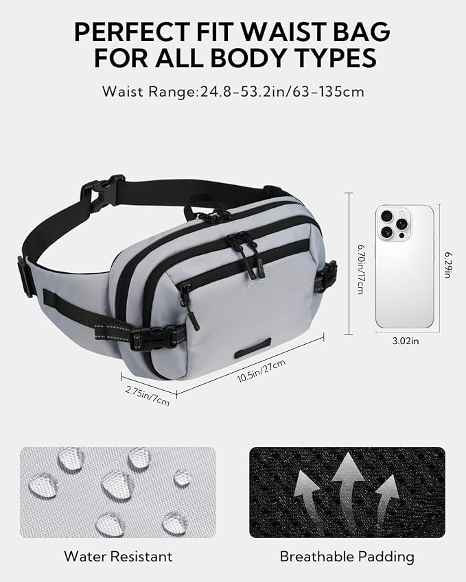 WATERFLY Fanny Pack Waist Bag: 3L Large RFID Anti-Theft for Travel | 180-Degree Opening Design, 5 Pockets, Nylon, Reflective Webbing, Adjustable Buckles, Hiking Daily Use, Women Men - Image 5