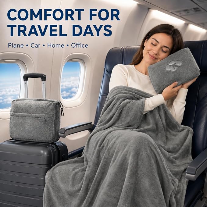 Blanket Pillow for Airplane Travel Essentials -3 In 1 Plane Travel Set Gray | Memory Foam, Compact with Bag, Fleece Soft for Long Flight Traveling Car Road Trip Flying Accessories, for Adult Women - Image 7