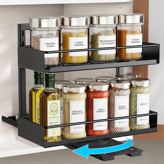 Vertical Spice Rack Pull Out - 1 Pack Rotate No-Drill Slide Out Spice Rack for Cabinet Swivel Easy Access Spices, Adjust Height for 4oz to 8oz Spice Jars Inside Kitchen Pantry Cabinet, Black by iSPECLE