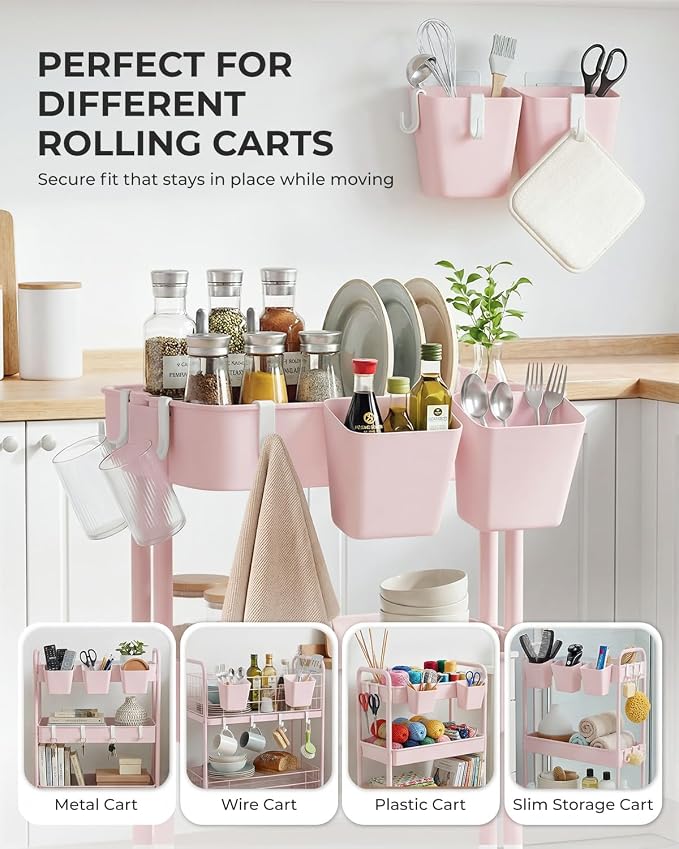 4 Pack Rolling Cart Accessories, Pink Craft Cart Cup Holder and 6 Hooks for Utility Carts, Adhesive Kitchen Cabinet Door Storage, Space-Saving Wall Mount Organizer for Bathroom, Office, Makeup - Image 3