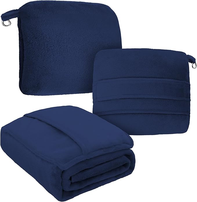 DEZ FURNISHINGS 4-in-1 Travel Compact Blanket Pillow Super Soft Velvet with Luggage Sleeve and Backpack Clip, Navy, 60" W x 45" H by DEZFurnishings