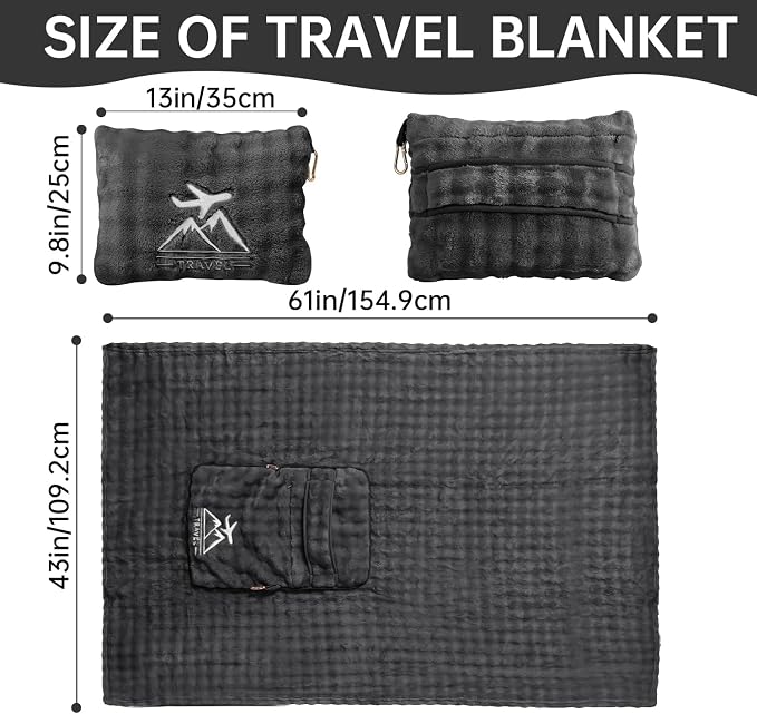 Travel Blanket and Pillow-2-in-1, Ultra-Soft&Compact, One-Piece Airplane Blanket with Hand Luggage Belt and Backpack Clip,Travelers Accessories Gifts, 61x43 Inches (Dark Grey) - Image 3